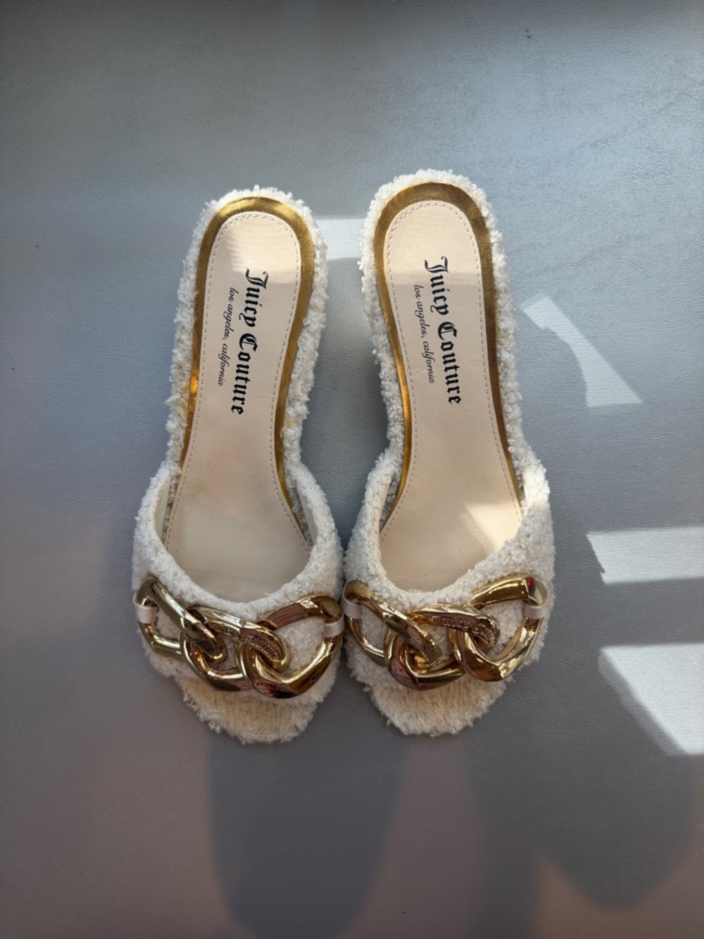 Juicy Couture Cream Fuzzy Slide Mules with Gold Chain Accent